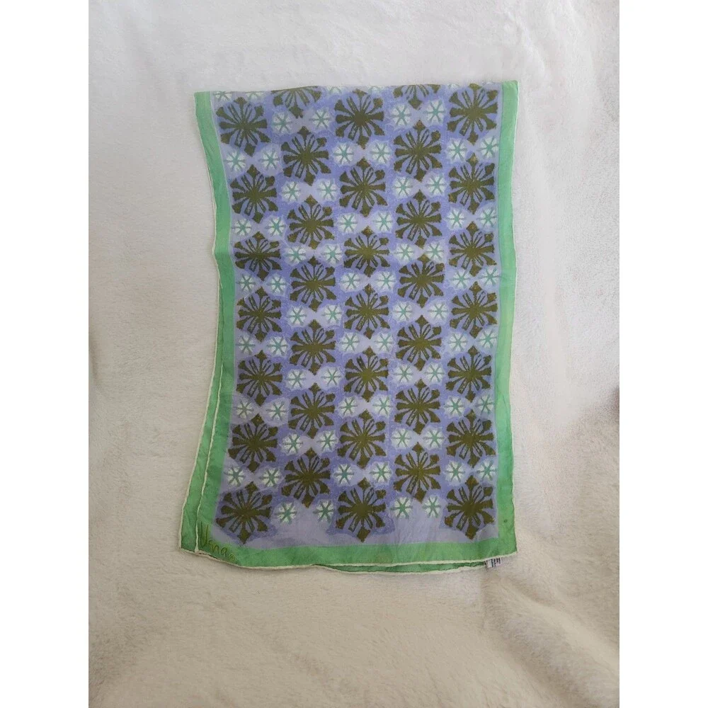 Vintage Vera Neumann Silk Scarf HandRolled Green Blue 60-70's Flower Geo Design